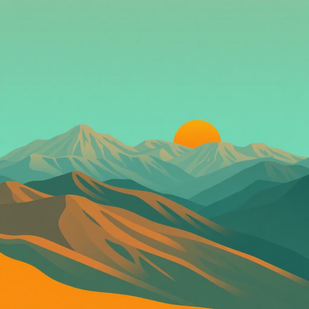 AI generated flat vector illustration of layered mountains at sunrise in teal and amber