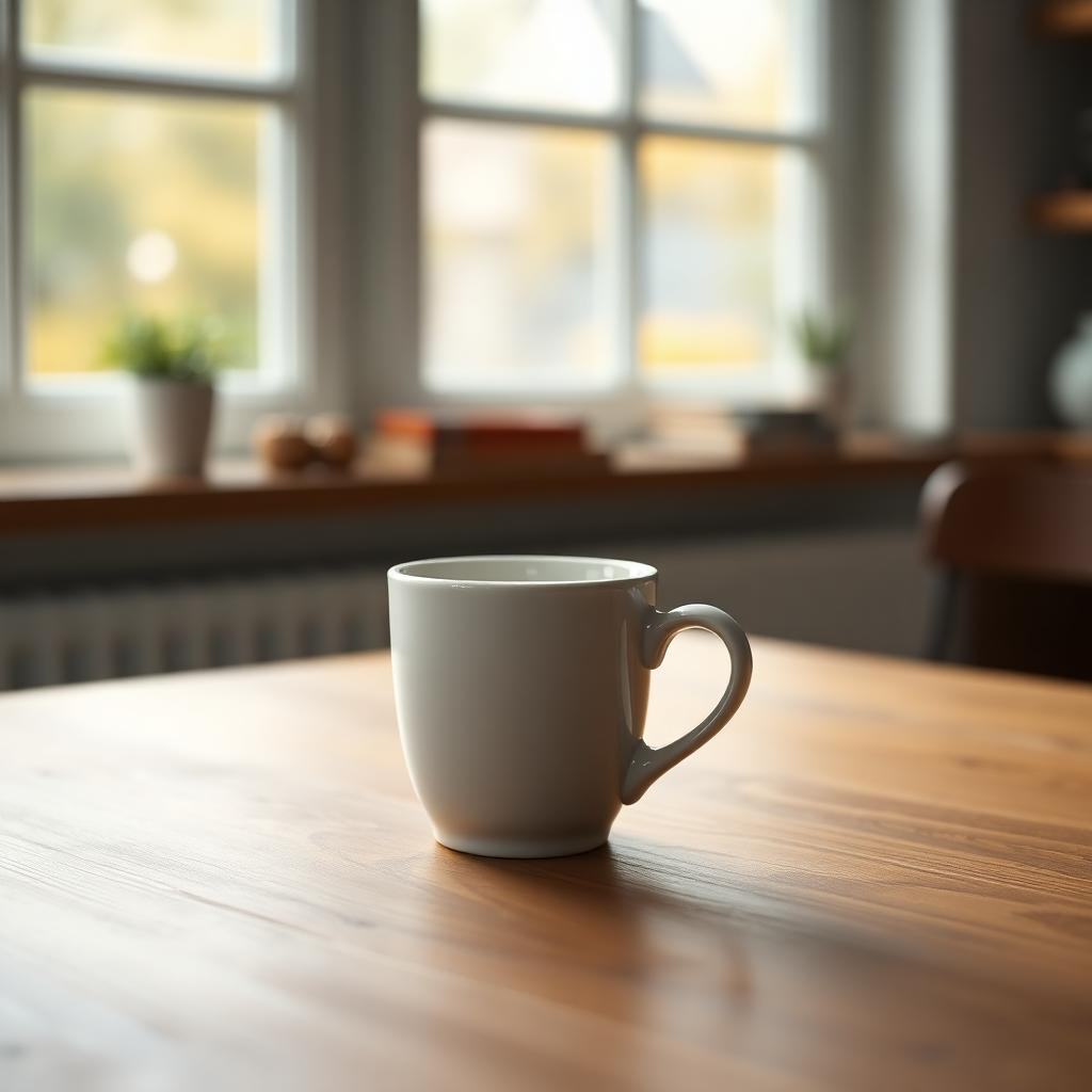AI generated photorealistic white coffee mug on a wooden table in soft window light