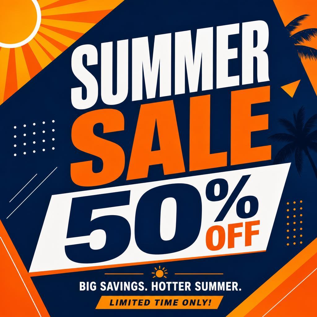 AI generated orange and navy sale poster with the headline text "SUMMER SALE 50% OFF"