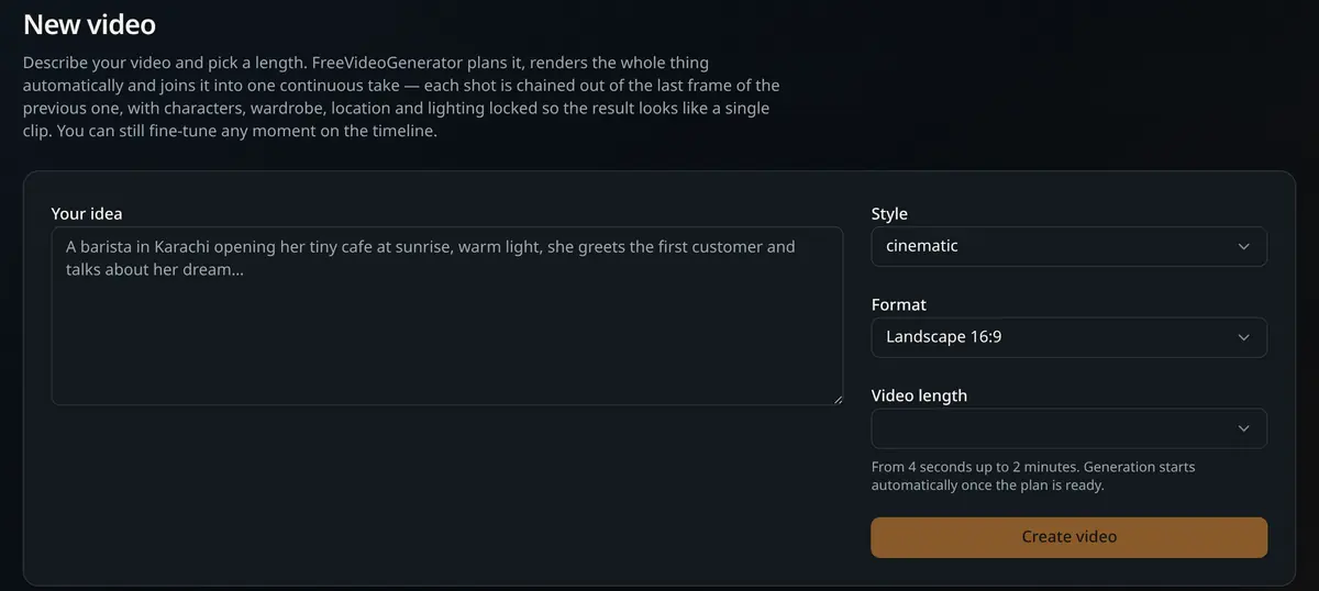 New video panel with the idea prompt box, style, format and video length controls