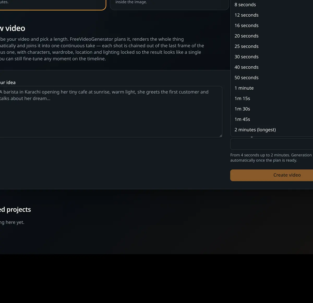 Video length dropdown showing presets from 4 seconds up to 2 minutes